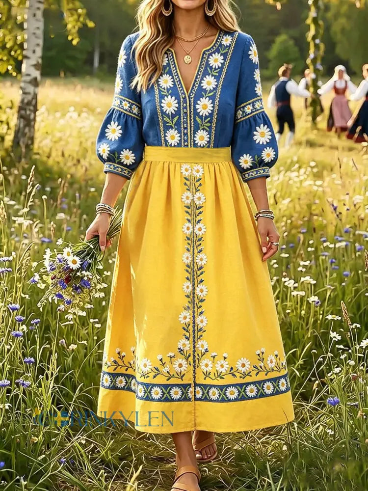 Damer Sverige Blommiga konsttryck Linneklänningar - som bild / S