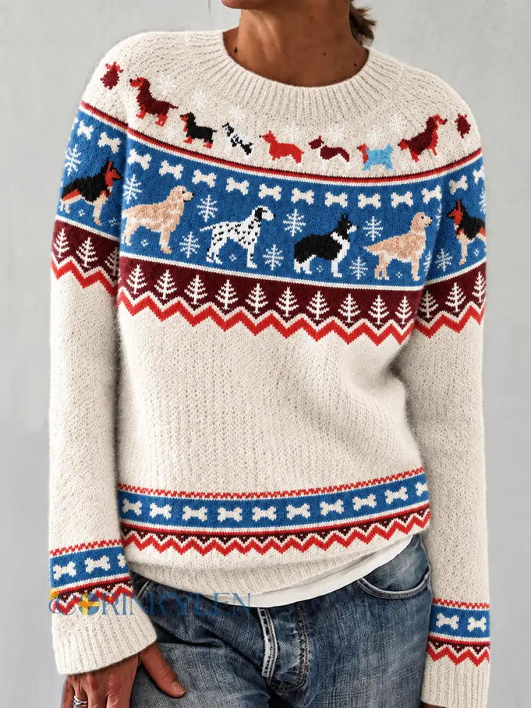 Damer Tröja med lång ärm och rund halsringning mönster med hundraser från Fair Isle - som bild / S