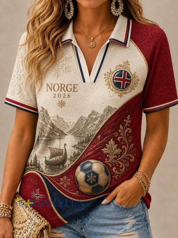 Damernas 2026 Norge fotbollssupporter avslappnad polotröja med v-ringning - som bild / S