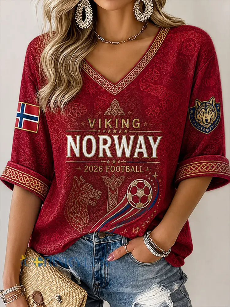 Damernas fotbollsstilströja 2026 i norskt tema - röd / S