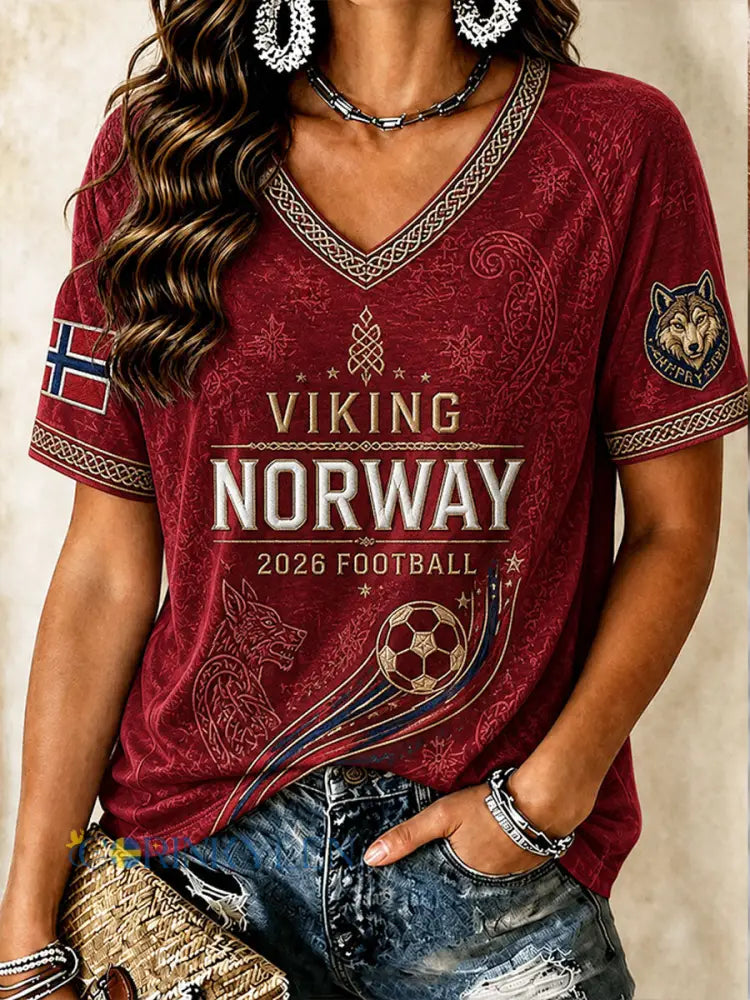 Damernas fotbollsstilströja 2026 i norskt tema - vinröd / S