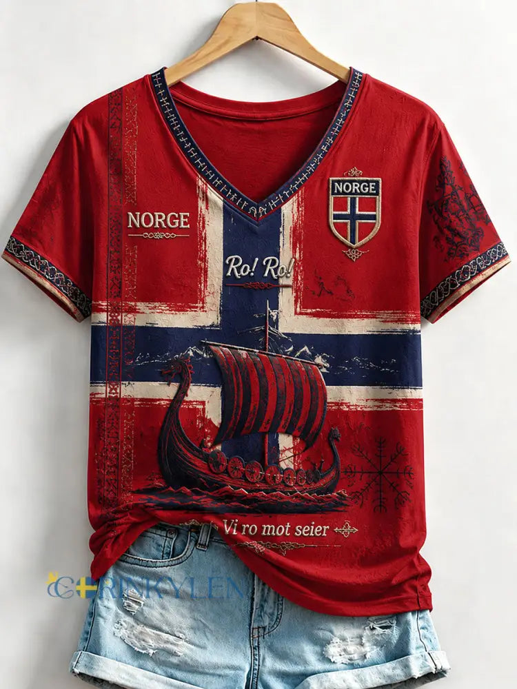 Damernas Norge Viking V-ringad T-shirt - röd / S