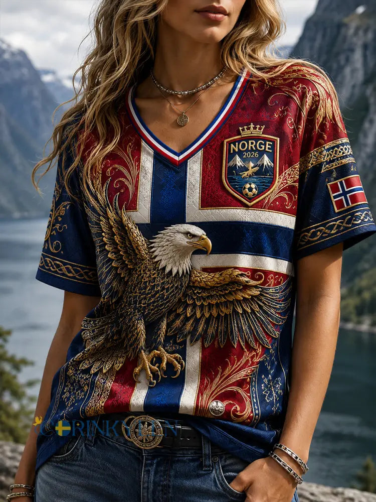 Damernas retro nordisk stil norsk fotbollsupporter konsttryck avslappnad topp - A / S