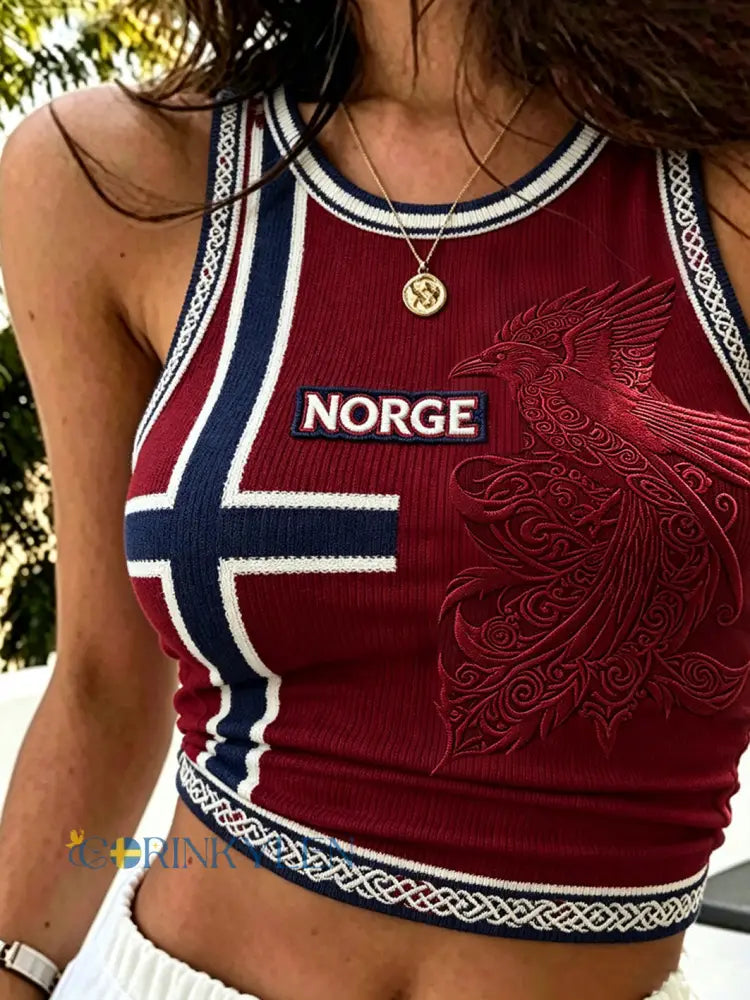 Damernas retro norska vikingaväst med djurmönster till vardags - vinröd / S