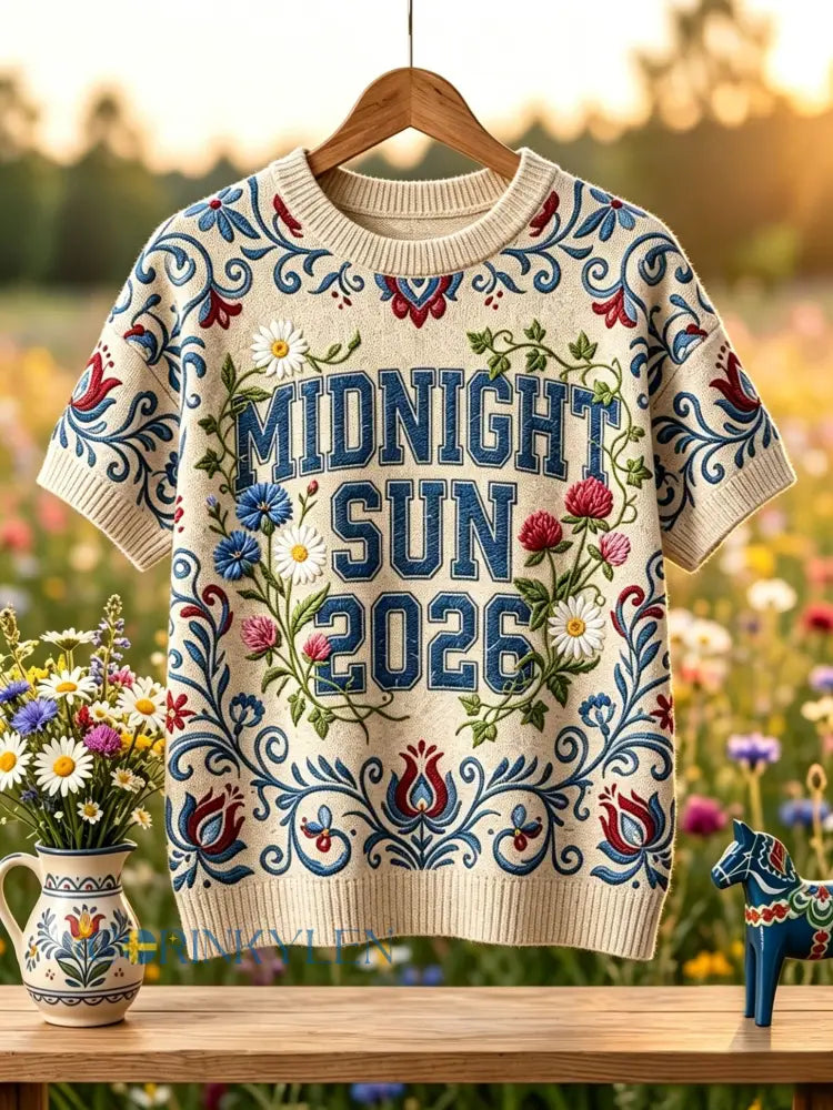 Damernas retro svensk midsommarfolk-stil blommig kortärmad stickad t-shirt - Aprikot / S