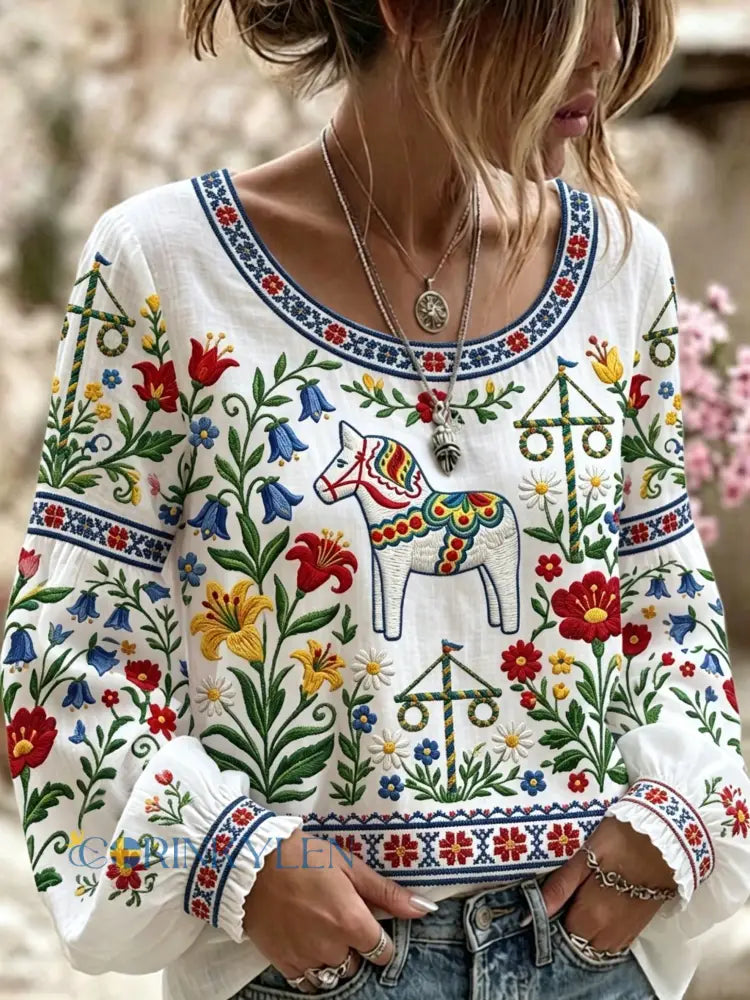 Damernas retro svensk midsommarfolk-stil blommönstrad bomull-linne-tröja med tryck - vitt / S