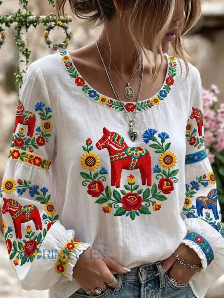 Damernas retro svensk midsommarfolk-stil blommönstrad bomull-linne-tröja med tryck - vitt / S