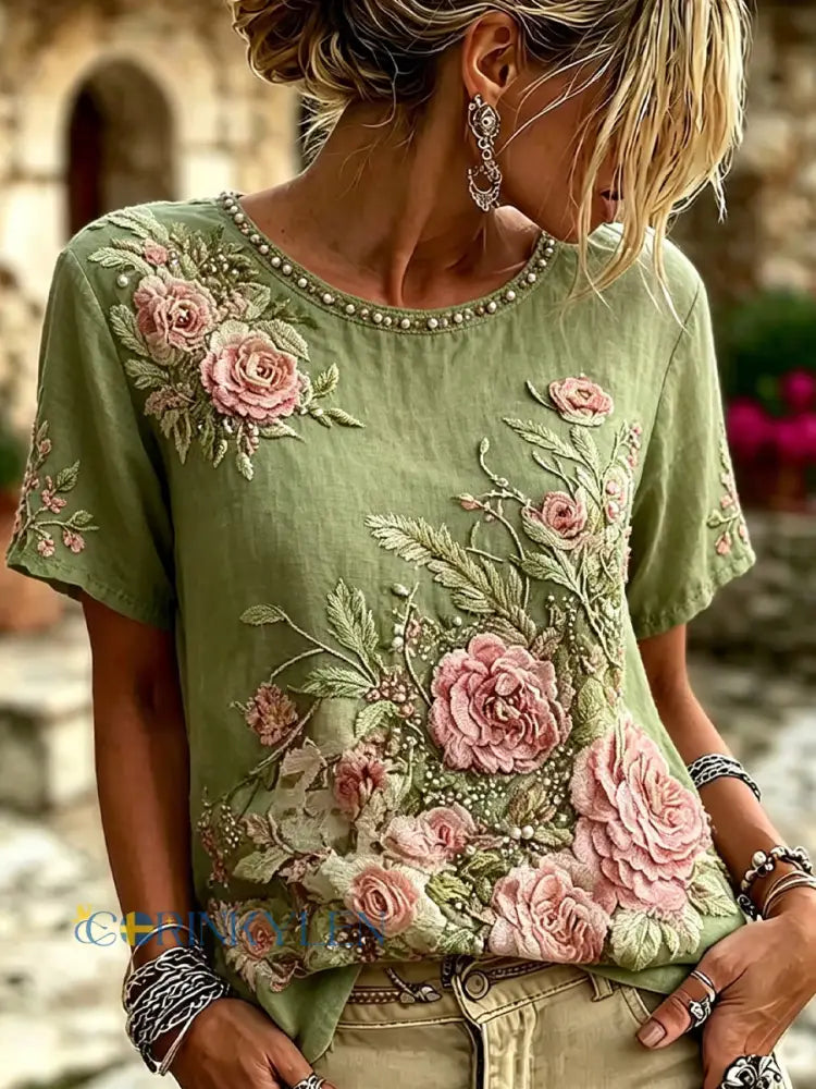 Damernas retroartiklar T-shirt med blommönster och konsttryck avslappnad stil - A / S