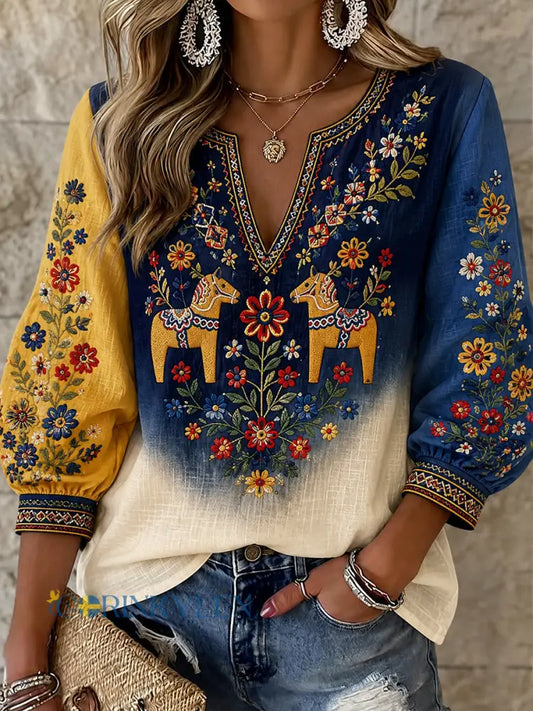 Damernas retrostilade svensk dalahäst broderad blomsterkonsttryckt avslappnad topp - A / S