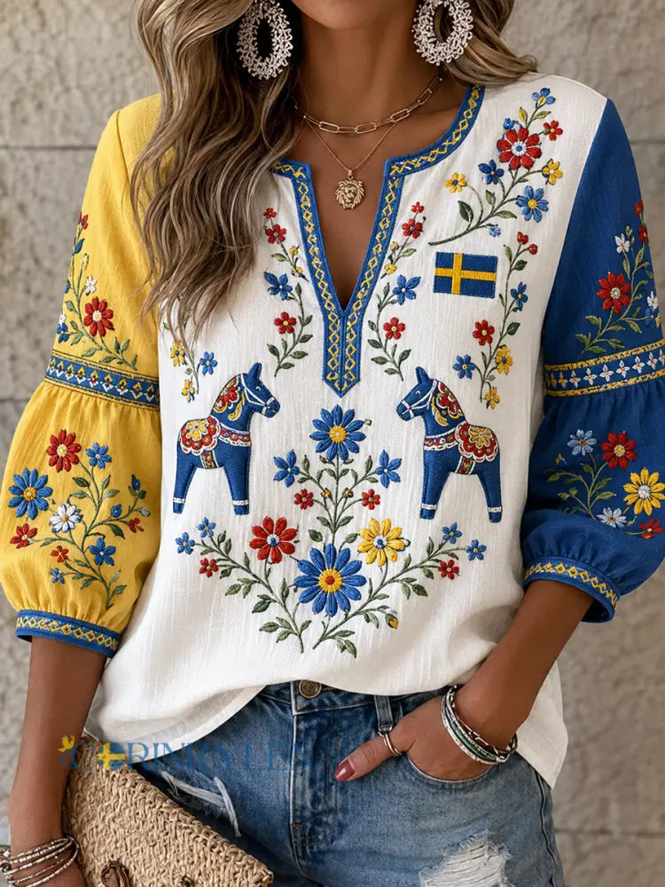 Damernas retrostilade svensk dalahäst broderad blomsterkonsttryckt avslappnad topp - A / S