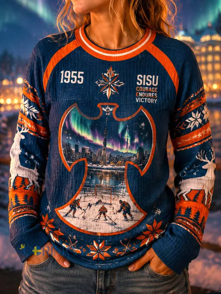 Damernas retrovintertröja med ishockeytryck - som bild / S
