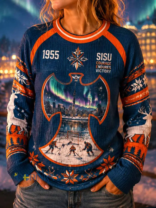 Damernas retrovintertröja med ishockeytryck - som bild / S
