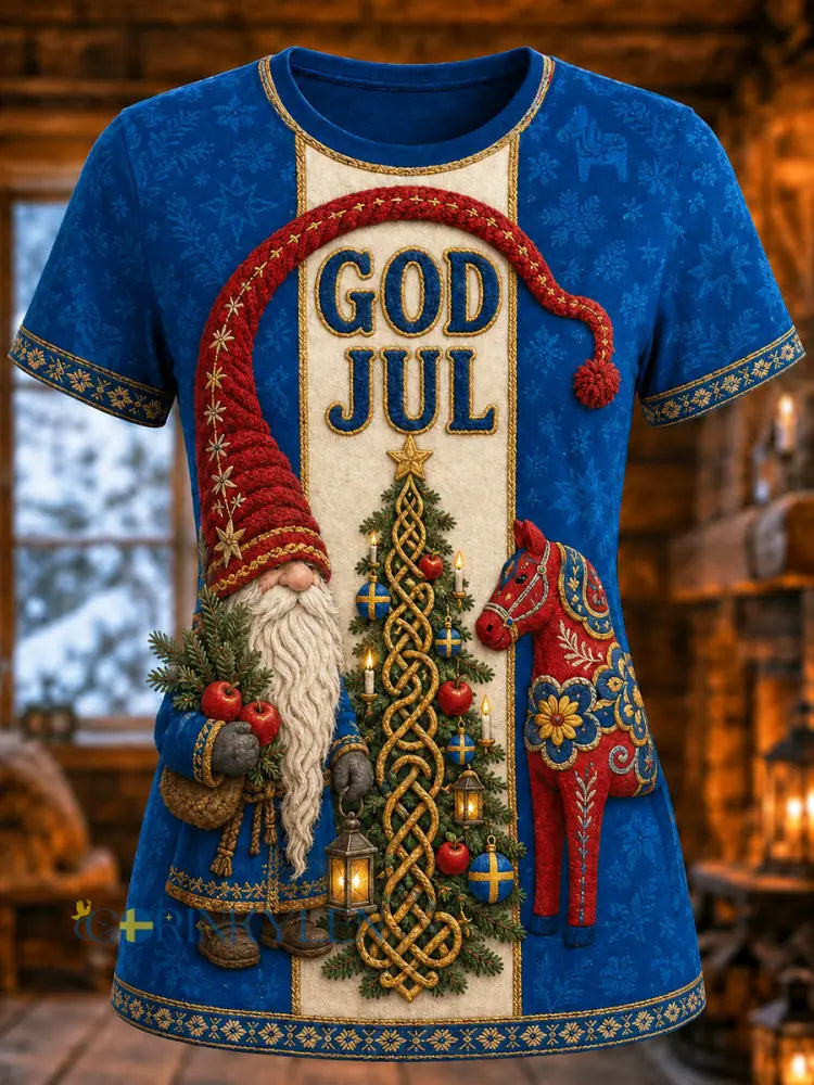 Damernas svenska jultryckta vintage-mode lös t-shirt med kort ärm - blå / S