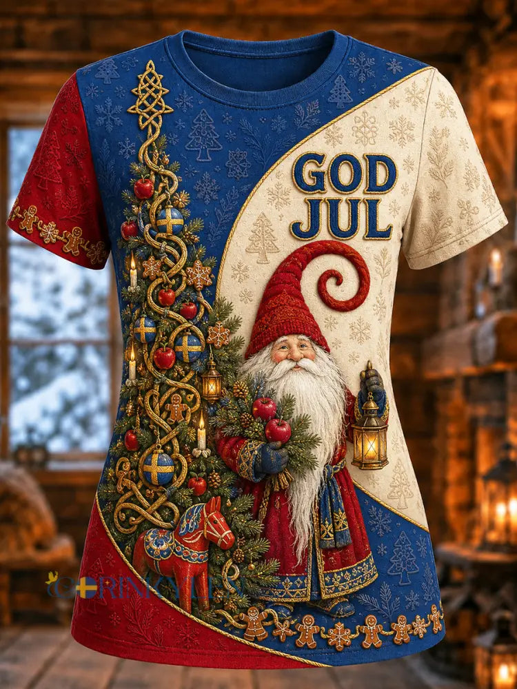 Damernas svenska jultryckta vintage-mode lös t-shirt med kort ärm - blåröd / S