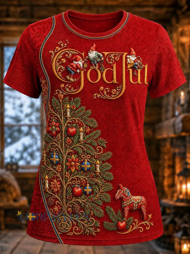 Damernas svenska jultryckta vintage-mode lös t-shirt med kort ärm - röd / S