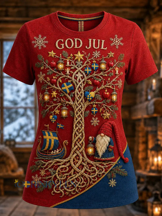 Damernas svenska jultryckta vintage-mode lös t-shirt med kort ärm - röd / S