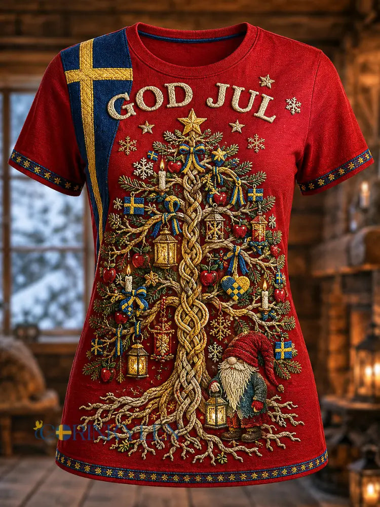 Damernas svenska jultryckta vintage-mode lös t-shirt med kort ärm - röd / S