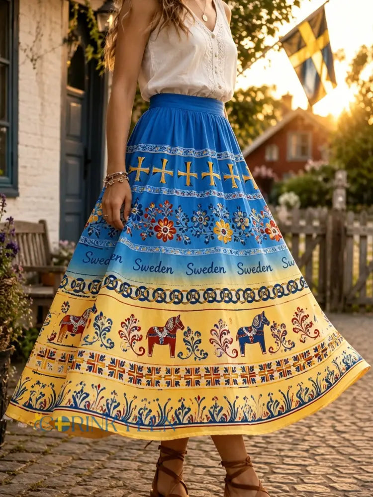Damernas svenska midsommarfest minneskonsttryck midikjol - A / S