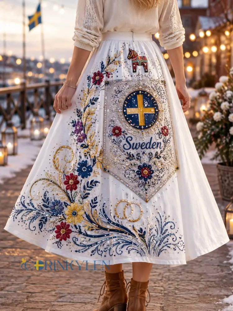 Damernas svenska midsommarfest minneskonsttryck midikjol - A / S
