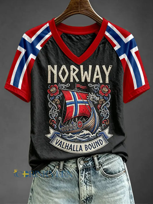 Damernas Vikingaskaldfoto Norge flaggtryck V-ringad kortärmad t-shirt - svart / S