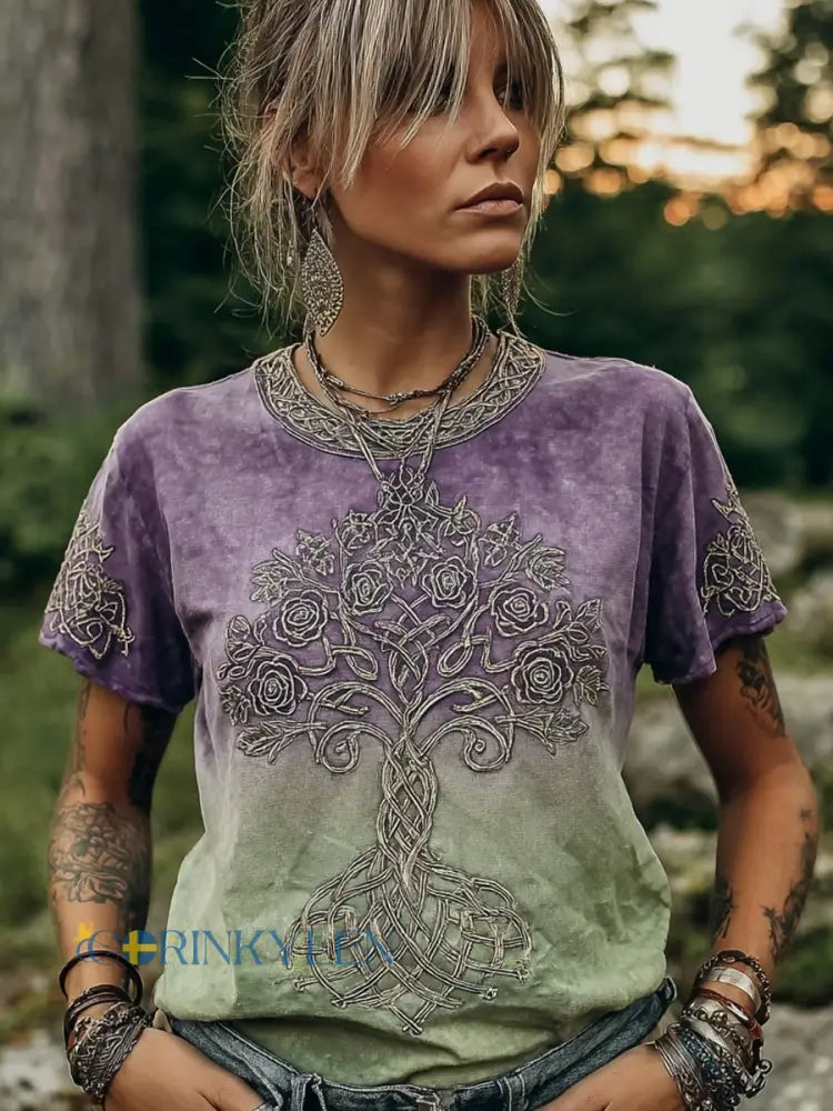 Damernas vikingiskt keltiskt livets träd konsttryck t-shirt med korta ärmar - mörkt / S