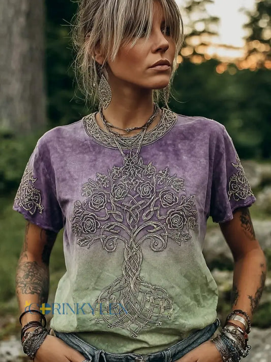 Damernas vikingiskt keltiskt livets träd konsttryck t-shirt med korta ärmar - mörkt / S