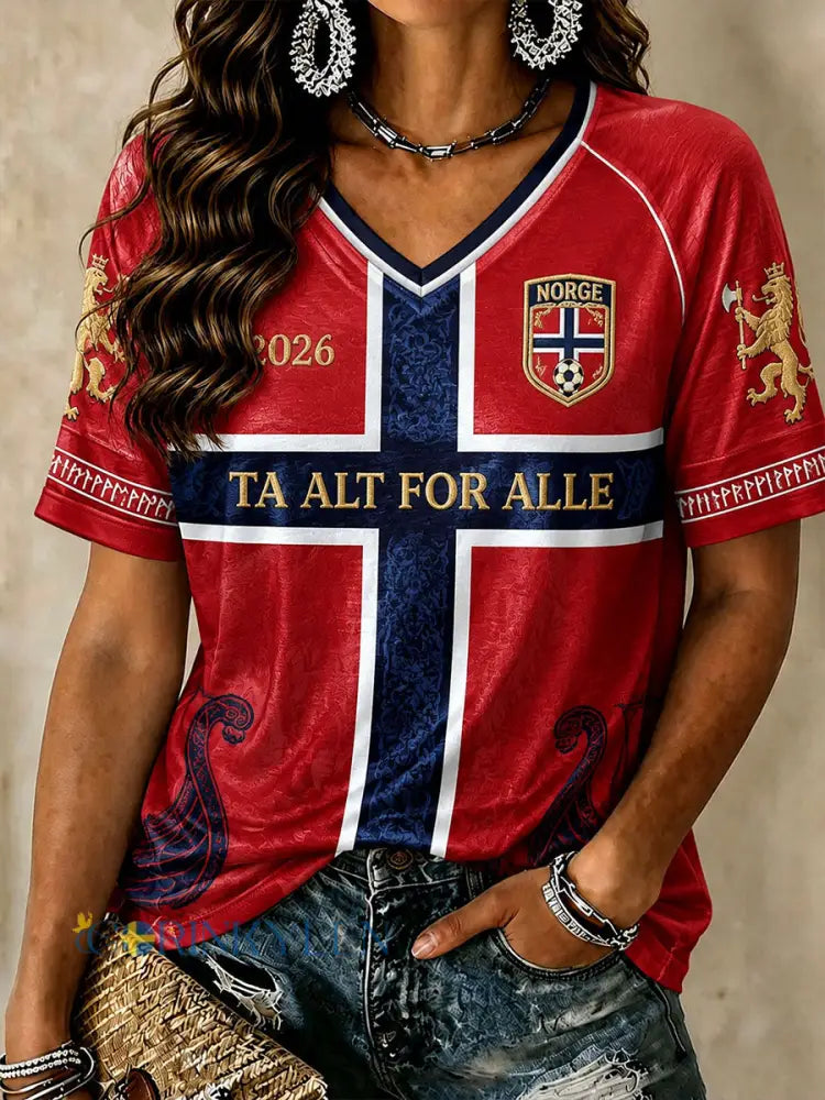 Damers norska fotbollsv-ringade t-shirts - röd / S