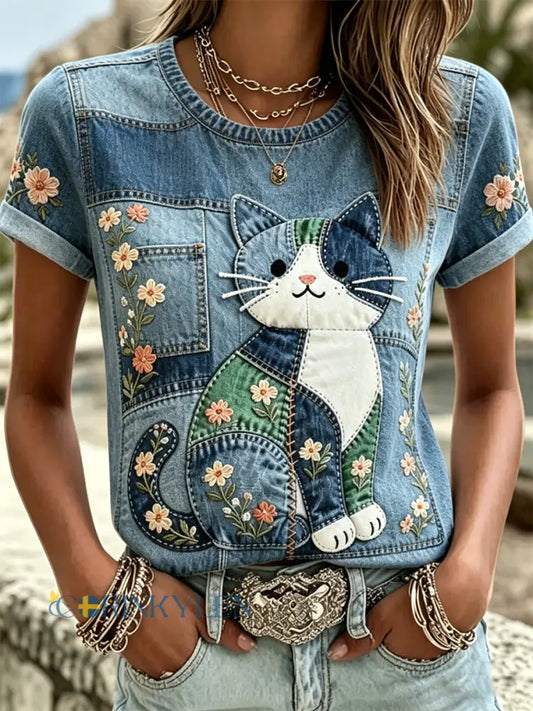 Damkatt Print T-shirt med kortärm - som bild / S