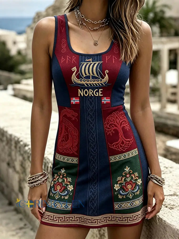 Damklänning i minilängd med nordiskt vikingatida mönster och keltisk flagginspirerad print - djupblåa / S