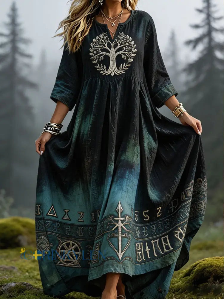 Damklänning i vikingastil med nordiskt motiv tryckt på linne - som bild / S