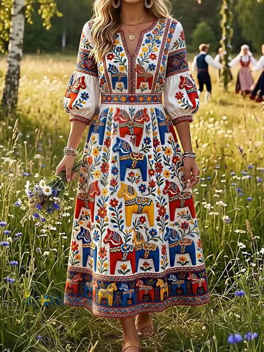 Damklänning i vintagestil med svensk dalahäst broderad blomsterkonst och avslappnad passform - A / S