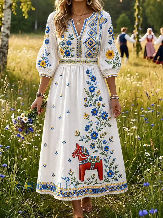 Damklänning i vintagestil med svensk dalahäst broderad blomsterkonst och avslappnad passform - A / S