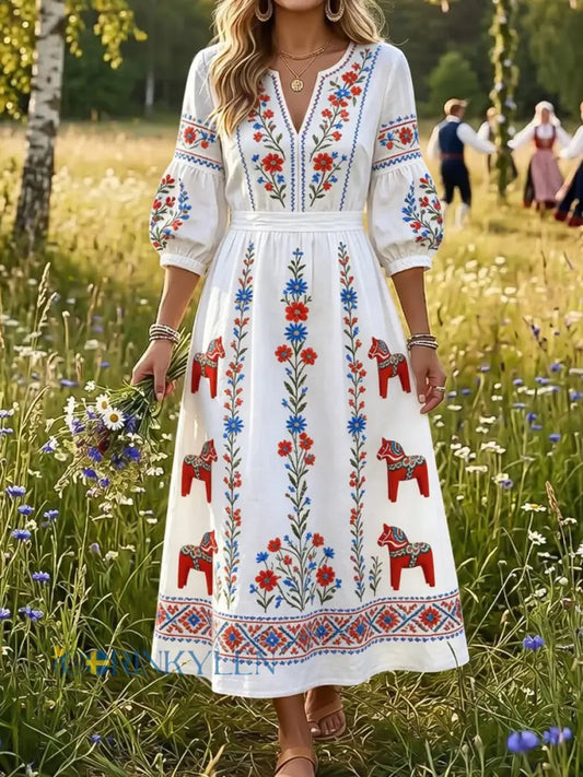Damklänning i vintagestil med svensk dalahäst broderad blomsterkonst och avslappnad passform - A / S