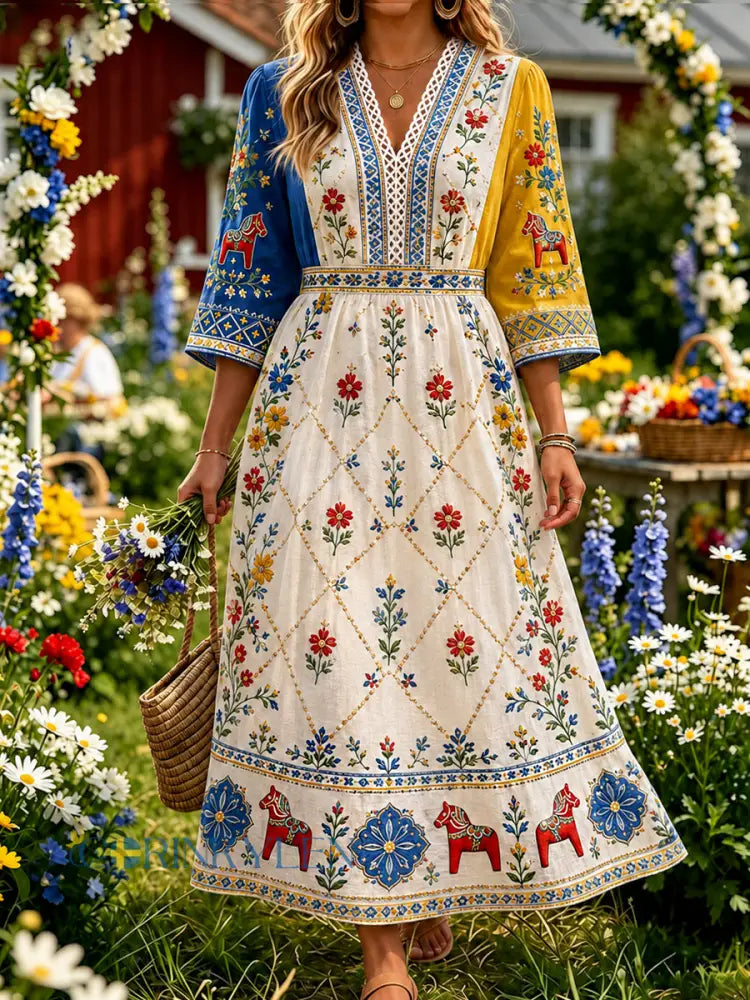 Damklänning i vintagestil med svensk dalahäst broderad blomsterkonst och avslappnad passform - A / S
