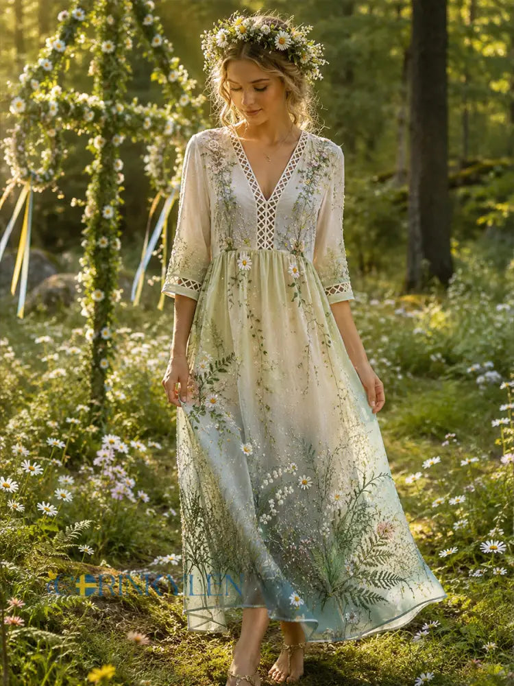 Damklänning med midsommarblommönster v-ringning och lång ärm - A / S
