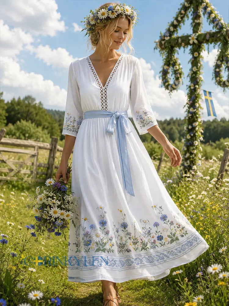 Damklänning med midsommarblommönster v-ringning och lång ärm - A / S