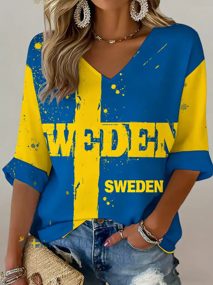 Damlinne Dalahästkonsttryck T-shirt med svenska flaggans färger - A / S