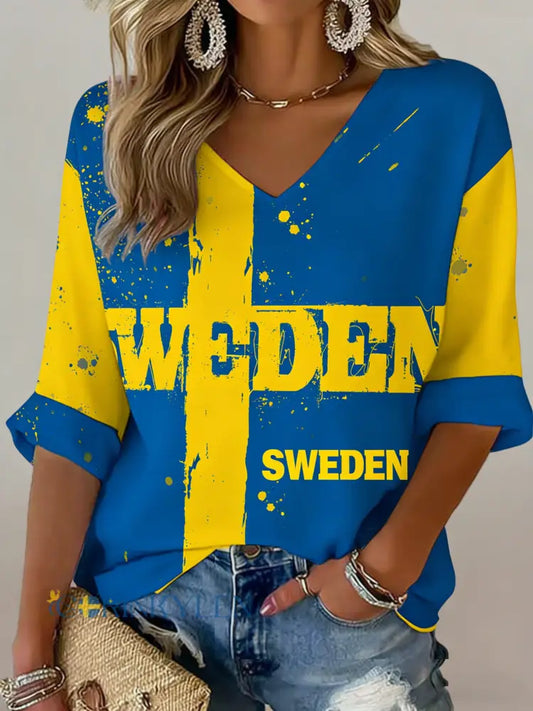Damlinne Dalahästkonsttryck T-shirt med svenska flaggans färger - A / S