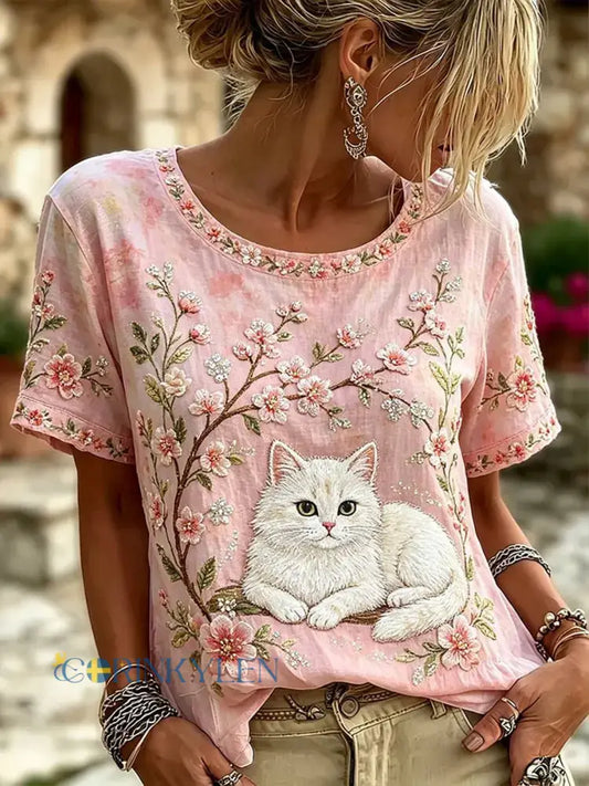 Dammblus i linne med blommor och katter kortärmad - ljusrosa / S