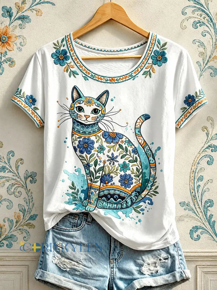 Dammens blommiga t-shirt med kattmönster - som bild / S