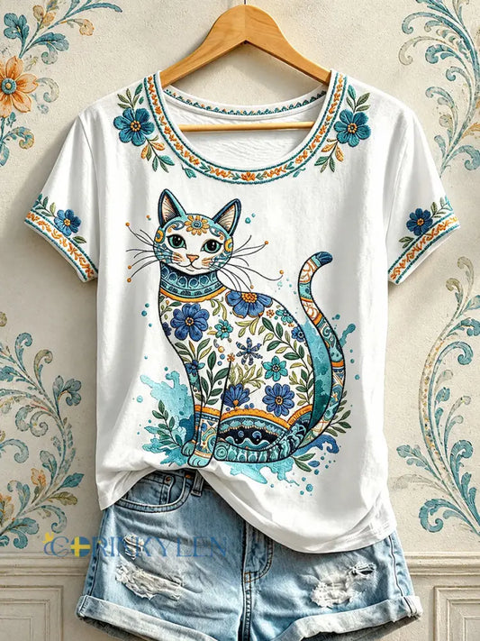Dammens blommiga t-shirt med kattmönster - som bild / S