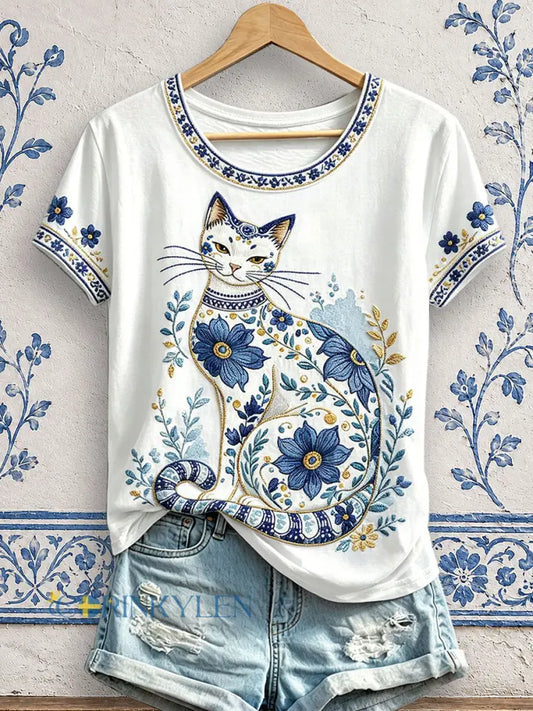 Dammens blommiga t-shirt med kattmönster - vitt / S