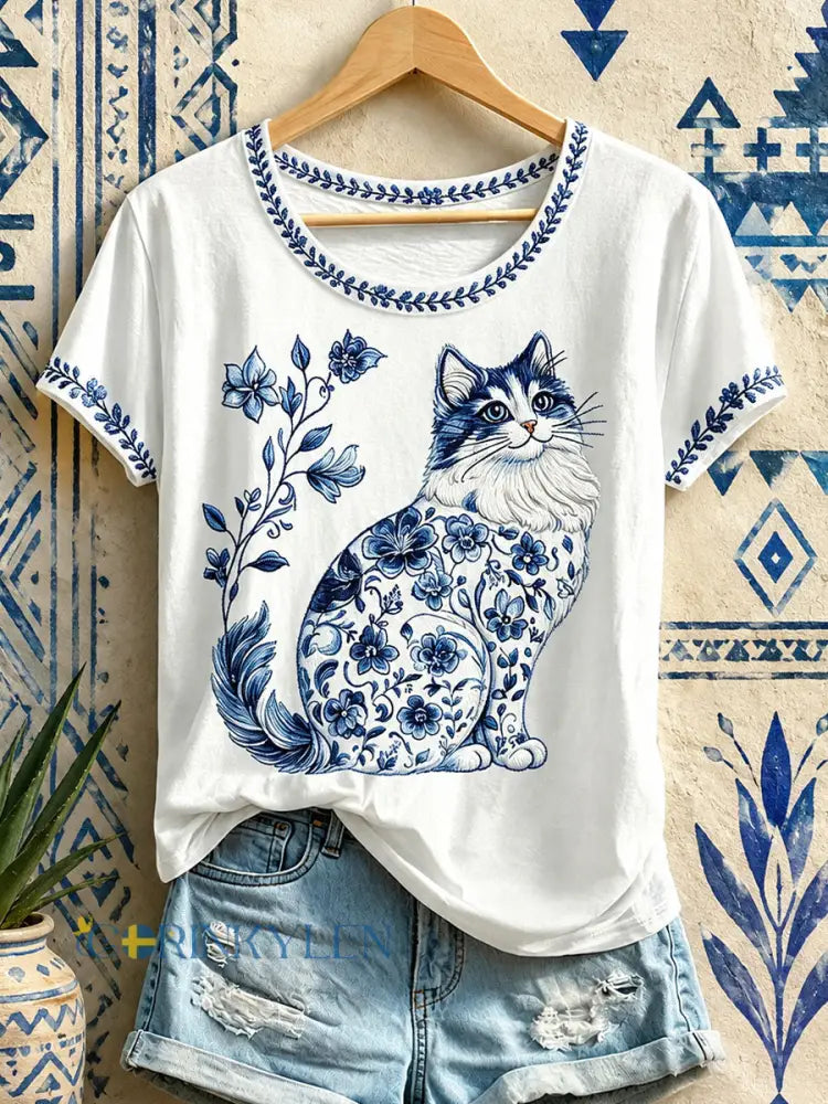 Dammens blommiga t-shirt med kattmönster - vitt / S