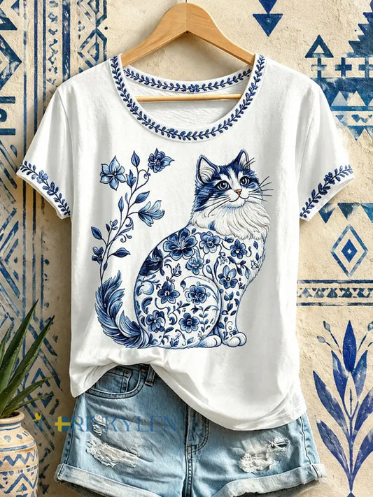 Dammens blommiga t-shirt med kattmönster - vitt / S