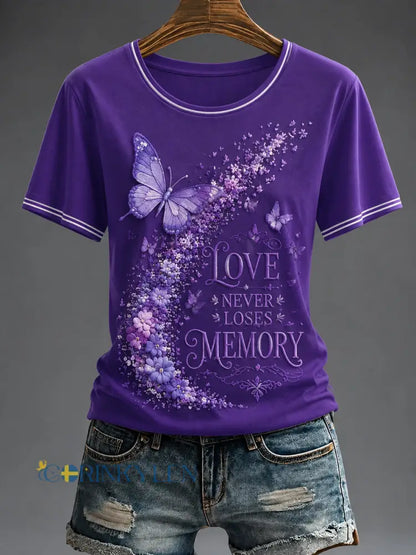 Dammens lila blomsterkonsttryckt t-shirt - djup lila färg / S
