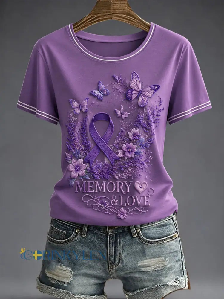 Dammens lila blomsterkonsttryckt t-shirt - som bild / S