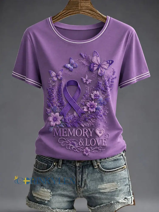 Dammens lila blomsterkonsttryckt t-shirt - som bild / S