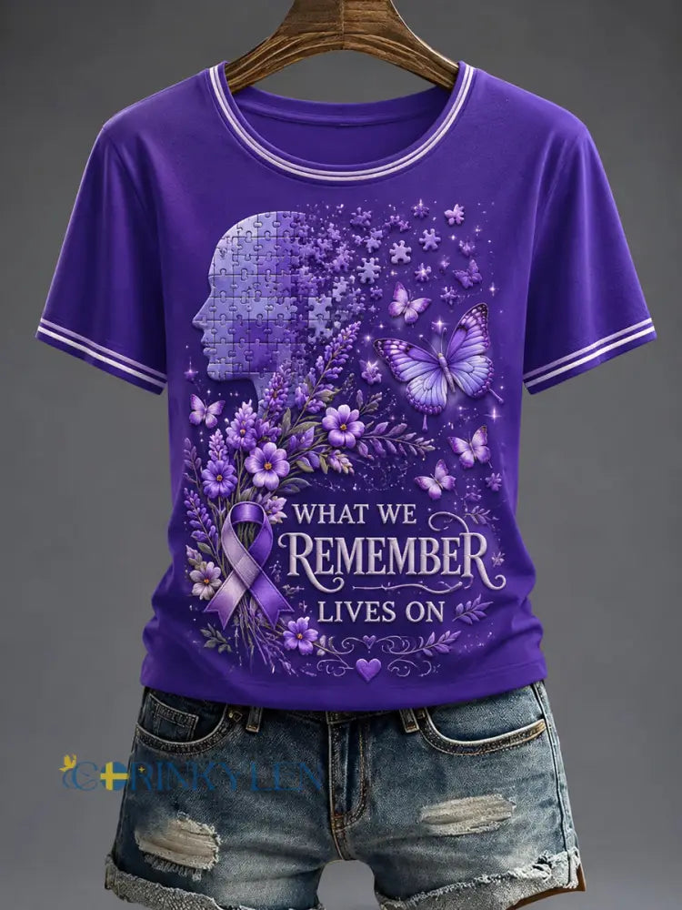 Dammens lila blomsterkonsttryckt t-shirt - som bild / S