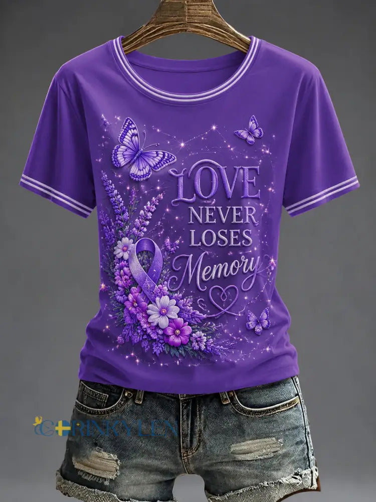 Dammens lila blomsterkonsttryckt t-shirt - som bild / S