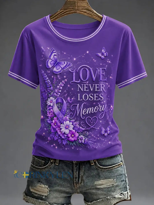 Dammens lila blomsterkonsttryckt t-shirt - som bild / S
